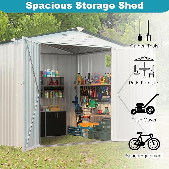 8x6 FT Outdoor Metal Storage Shed, Tool Shed with Peaked Roof and Lockable Door, Compact Garden Shed with Clear Window for Backyard Garden Patio Lawn, White+Gray