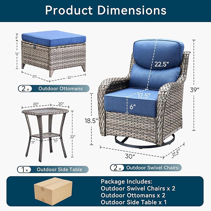Luxury High Back Outdoor Furniture with 6-Inch Thick Cushions, Patio Furniture Set with Ottomans, 5 PCS Wicker Conversation Set for Porch, Balcony, Deck and Yard