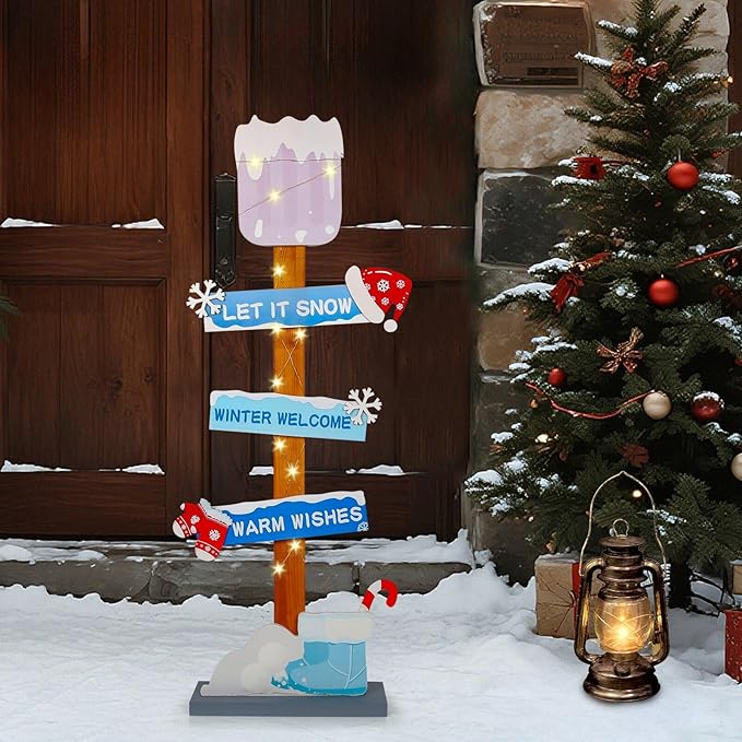 Lighted Let It Snow Winter Welcome Porch Sign, Christmas Wood Snow Shovel Warm Wishes Standing Sign Decorations,Xmas Hat Gloves Candy Cane Sign For Indoor Outdoor Yard Decor