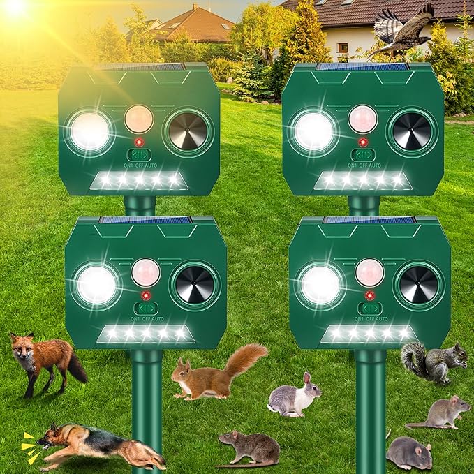 Solar Ultrasonic Animal Repellent Outdoor, Deer Repellent Devices, Waterproof Cat Rabbit Repeller with Motion Detection Flash Light to Deterrent Squirrel Dog Skunk Raccoon for Garden Yard Farm(4Pack)