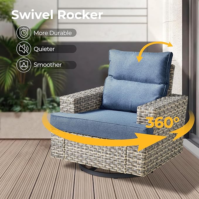 HOOOWOOO Outdoor Sectional Patio Furniture Set with Fire Pit Table,15 Pieces Wicker Conversation Sets L Shaped Couch,Extra Deep Out Door Sofa Outside Furniture with Swivel Chairs Ottoman,Denim Blue