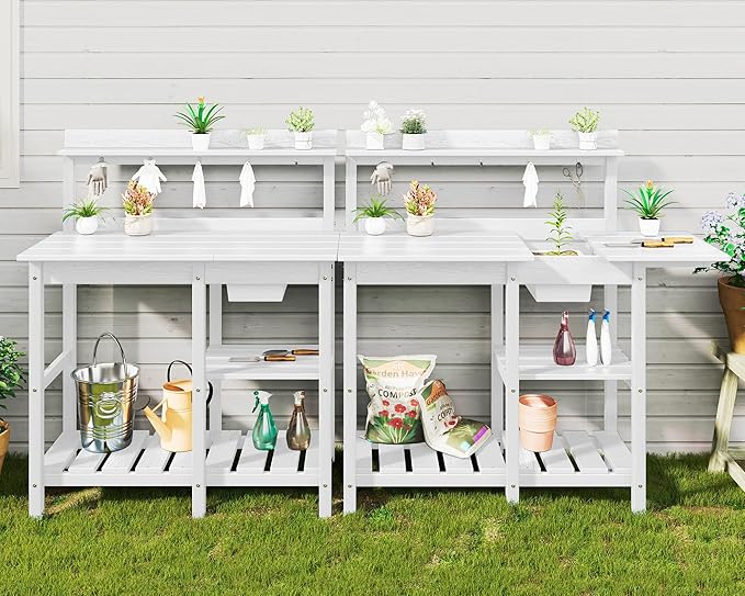 SERWALL Potting Table Set of 2 for Outside All Weather Use- White