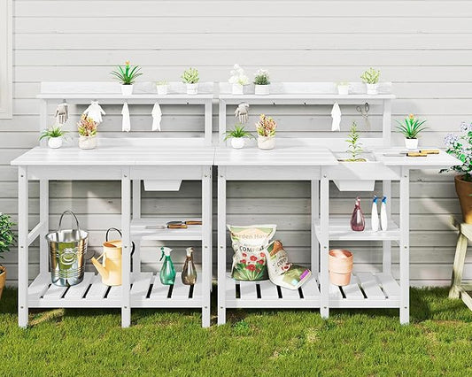 SERWALL Potting Table Set of 2 for Outside All Weather Use- White