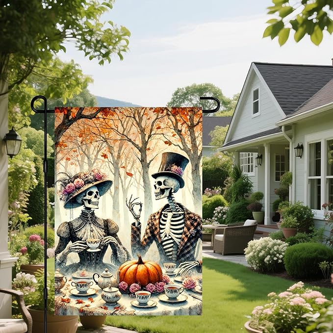 IVN Day of the Dead Garden Flag Skeleton Couple in Festive Attire with Pumpkin and Marigolds Outdoor Yard Patio Holiday Decor Backdrop 12x18 Inch Polyester For Girls or boys gifts Gardens Flags