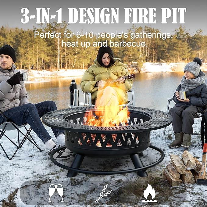 42 Inch Fire Pit with 2 Grills, Large Outdoor Firepits for Outside, Wood Burning Fireplace for Camping,Picnic,Bonfire, 3-in-1 Round Metal Table with Lid for Backyard,Patio,Party