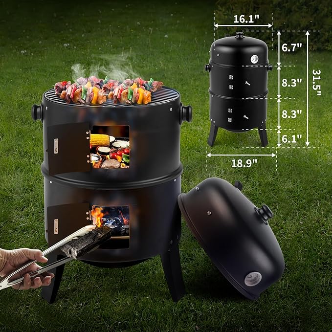 16 Inch Charcoal Smoker, 3-in-1 Meat Smoker Grill with Thermometer & Dual Cooking Racks Portable Outdoor BBQ Smoker with 2 Access Doors, Easy to Clean, for Backyard, Camping & Parties