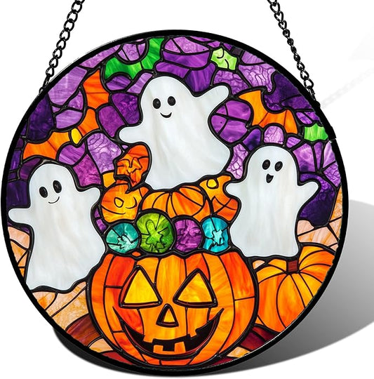 Stained Glass Window Hanging Halloween Horror Pumpkin White Ghost 7.8" - Suncatcher Door Garden Sunroom Gothic Style Sun Catcher Birthday for Friend Mom Men Woman Nana