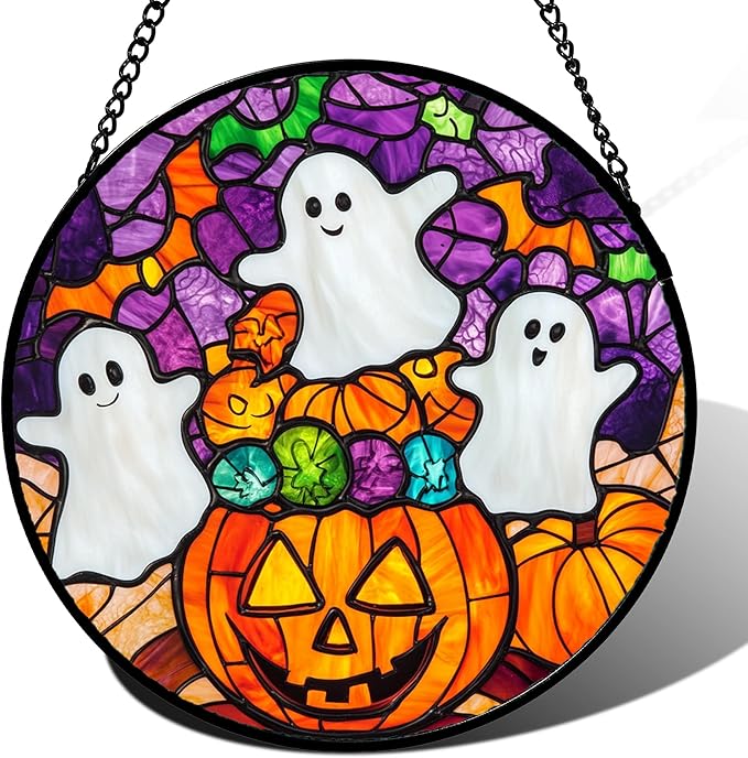 Stained Glass Window Hanging Halloween Horror Pumpkin White Ghost 6.3" - Suncatcher Door Garden Sunroom Gothic Style Sun Catcher Birthday for Friend Mom Men Woman Nana