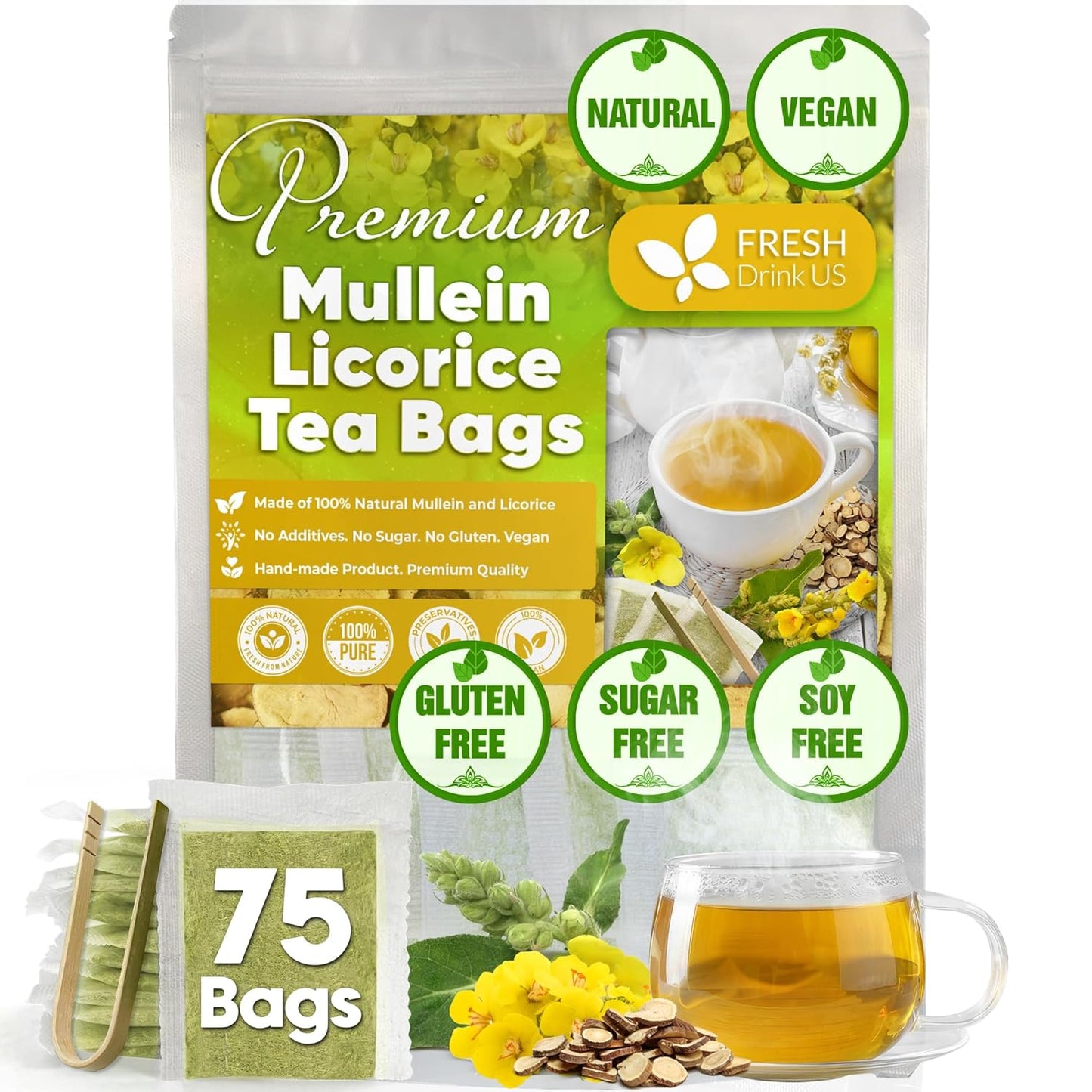 FreshDrinkUS, Premium 75 Mullein Licorice Tea Bags, 100% Natural, Blend of Mullein Leaves, and Licorice Root. Made with Natural Material Tea Bags. No Sugar, Vegan.