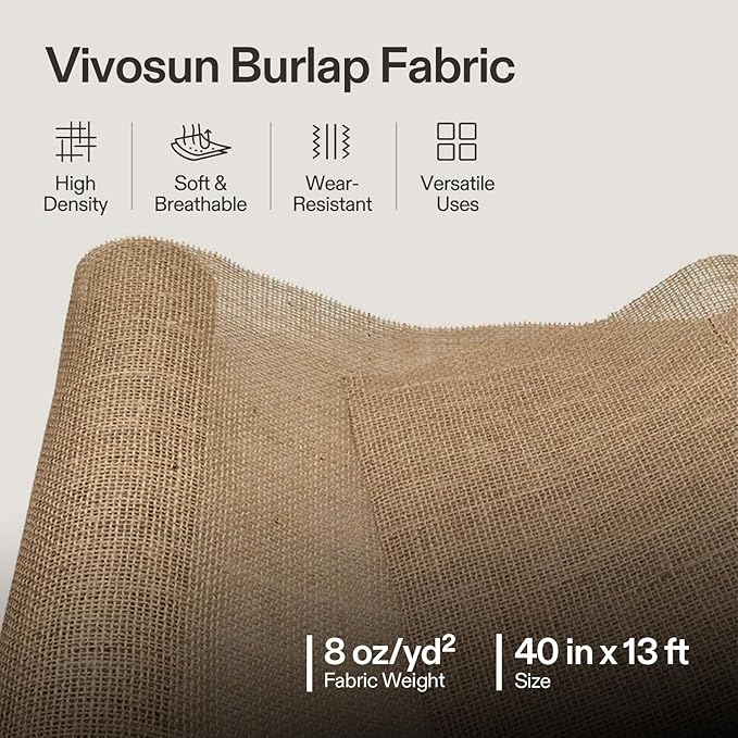 VIVOSUN 40 in x 13 ft Burlap Fabric, High Density Natural Jute Fiber, Multipurpose Burlap for Gardening, Outdoor Plant Care, Weed Barrier, DIY Crafts, and Decoration