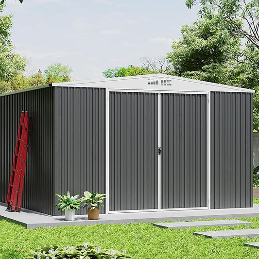 9x12 Shed for Outdoor Storage, Galvanized Steel Metal Tool Sheds House with Lockable Doors, Lock & Air Vent, Large Utility Sheds for Patio Garden Lawn (9x12.6, Grey)