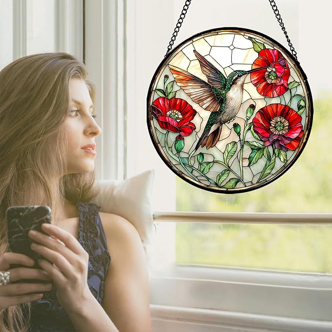 Stained Glass Window Hanging - Green Hummingbird Red Flower Suncatcher for Door Terrace Garden Home Decor Bird Landscape Sun Catcher Birthday Gifts for Lovers Women Men Dad Mom Nana 11.8 in
