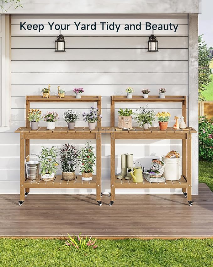 HDPS Outdoor Potting Bench with Sliding Tabletop/ 4 Wheels/Removable Sink, All-Weather Outside Garden Work Table, No Rust/Fade/Break, Potting Station for Porch, Patio & Backyard (Teak)