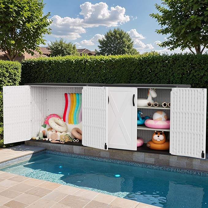 Greesum Outdoor Storage Cabinet, 25 Cu.Ft Deck Box Without Shelves, Waterproof Plastic Storage Bin for Patio Cushions, Gardening Tools, Lockable and Sidehandles, UV Resistant, White