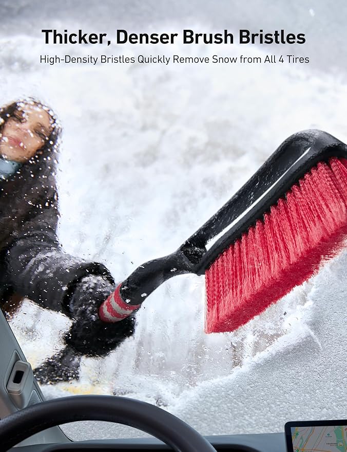 AstroAI 2 Pack 27" Snow Brush and Ice Scrapers for Car Windshield, Detachable Snow Scrapers with Ergonomic Foam Grip for Cars, Trucks, SUVs (Heavy Duty ABS, PVC Brush, Red)