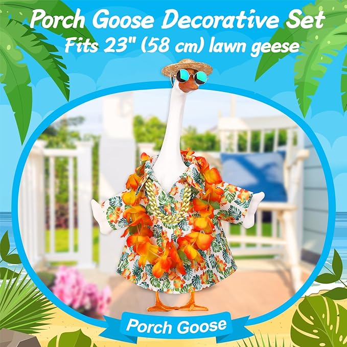 5Pcs Porch Goose Outfits Summer Hawaiian 23" Yard Garden Lawn Goose Clothes with Wreath Straw Hat Glasses Necklace Funny Porch Goose costume Set for 23" Plastic Cement Goose Statue Outdoor Decoration