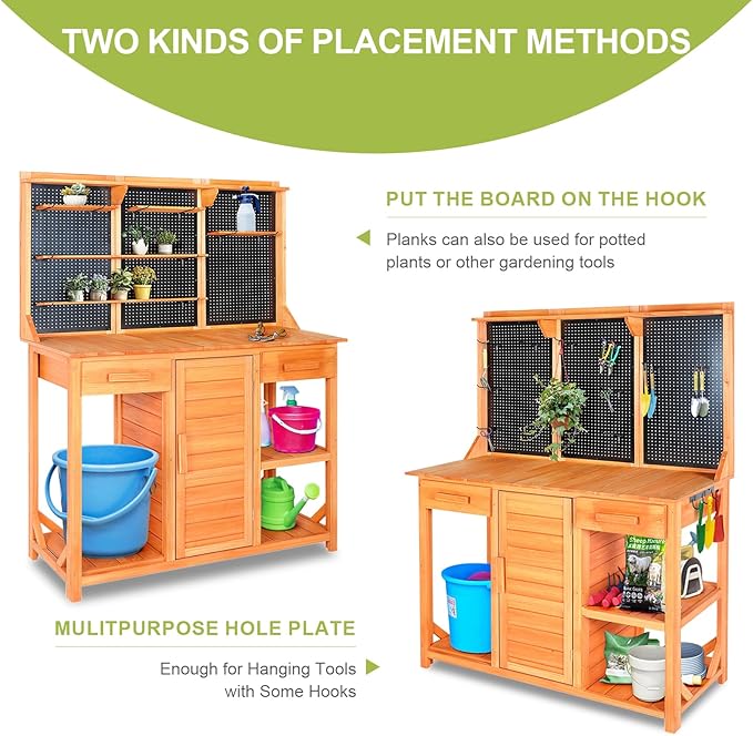 Outdoor Garden Potting Bench, Horticultural Wooden Workstation Table with Storage Drawer, Cabinet, Metal Pegboard, Adjustable Hooks and Shelves for Backyard, Patio, Greenhouse