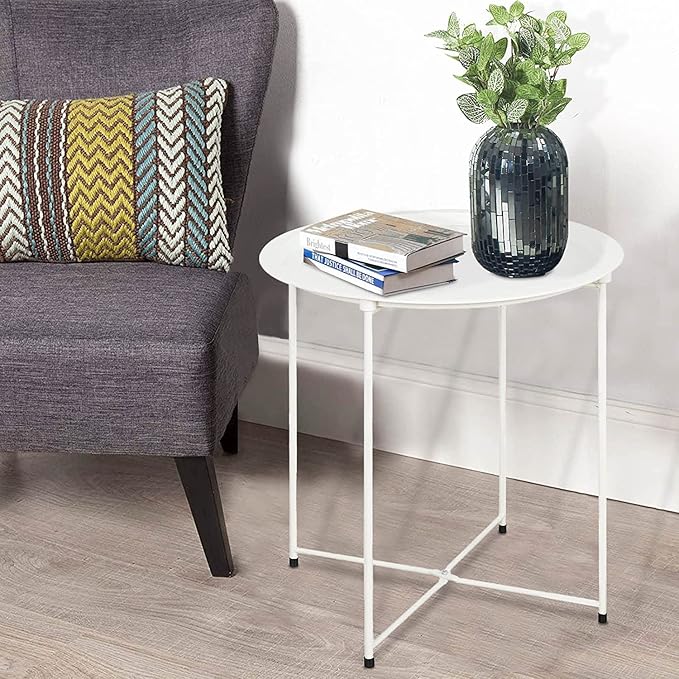 Garden 4 you End Table Metal Side Table Round Folding Tray Cyan Sofa Small Accent Fold-able Table, Round End Table Tray, Next to Sofa Table, Snack Table for Living Room and Bed Room,White