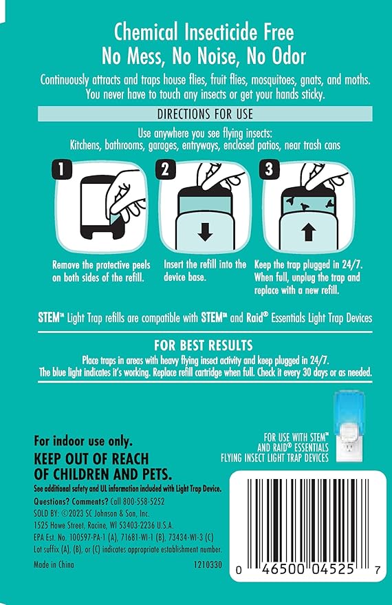 STEM Light Trap Refill Cartridges, Indoor Fruit Fly Trap, Effective Insect Control for Home, Attracts and Traps Flying Insects, Compatible with STEM Light Trap, 10 Count