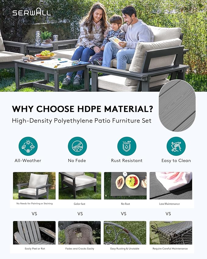 SERWALL HDPE Patio Furniture Set with 15FT Double Side Patio Umbrella, 7-Piece Outdoor Modular Sectional Sofa Set, All Weather Patio Couch Set for Deck, Lawn, Gray & Beige（Umbreall Base not Included）