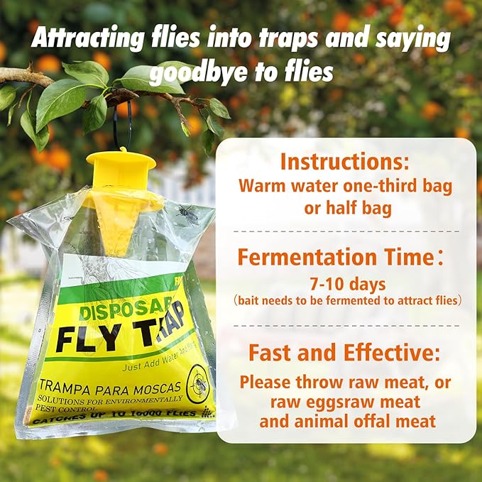 8 Pack Outdoor Hanging Fly Traps, Disposable Flies Killer Trap Bag Catcher with Natural Attractant Bait Bug Catcher and Flying Insect Trap for Outdoor Family Farm Park Orchard Garden