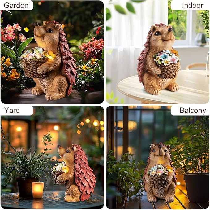 Solar Hedgehog Garden Statue with Flower Basket – Outdoor Decorative Resin Figurine with Solar Light for Lawn, Yard & Patio Decor