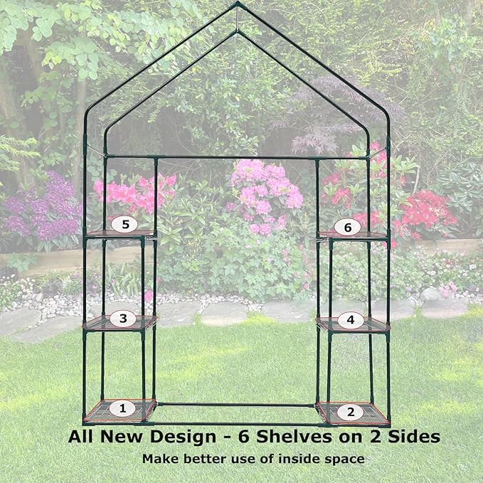 Walk-in Greenhouse for Outdoors w/ Mesh Side Windows, 3 Tiers 6 Shelves PE Cover Green House Portable Warm House for Seedling Flowers Growing 20 Pcs T-Type Plant Tags Include (GHW001G)