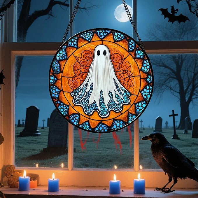 Stained Glass Window Hanging - Halloween Decorations White Ghost Suncatcher for Doors Garden Indoor Spooky Funny Blue Sun Catchers Gothic Decor Horror Gifts for Women Men Friend 6.3 in