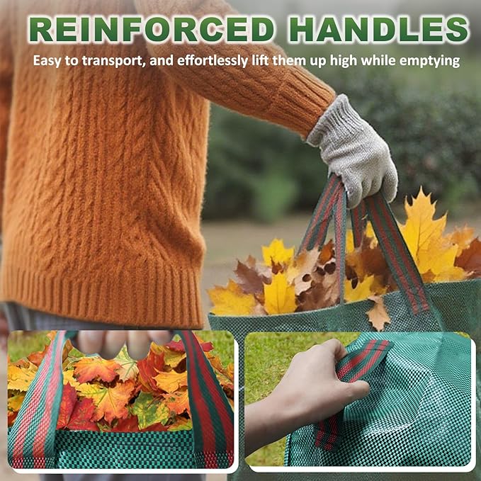 Hugeleaf Reusable Leaf Bags 42 Gallon with Reinforced Handles, 3 Pack Collapsible Lawn Bags with Plastic Hoops, Stand Up Yard Waste Bin for Leaves, Lawn Debris Collection