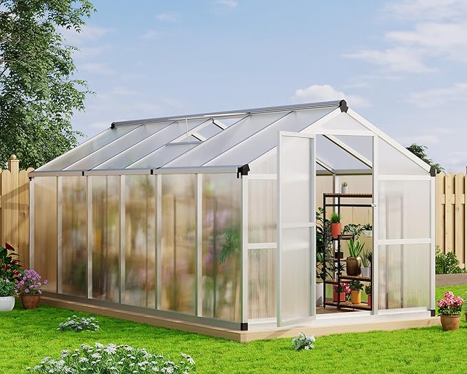 8x12 FT Greenhouse, Large Aluminum Greenhouses for Outdoors, Heavy Duty Polycarbonate Greenhouse with Roof Vent, Walk-in Green houses for Winter Garden, Backyard, Patio, Lawn, Easy Assembly