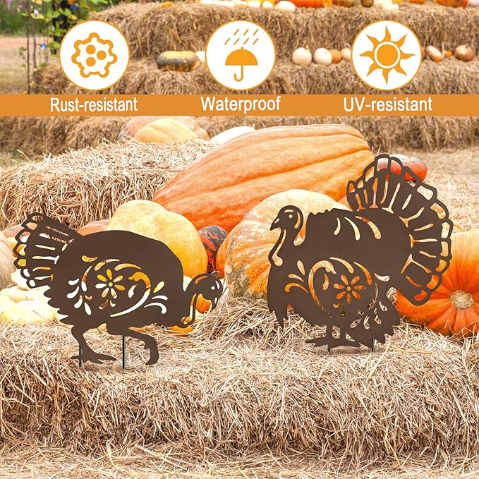 Metal Turkey Garden Stakes Set of 2 Outdoor Thanksgiving Yard Decor Rusty Turkey Garden Statues Waterproof Steady (Turkey Rusty)