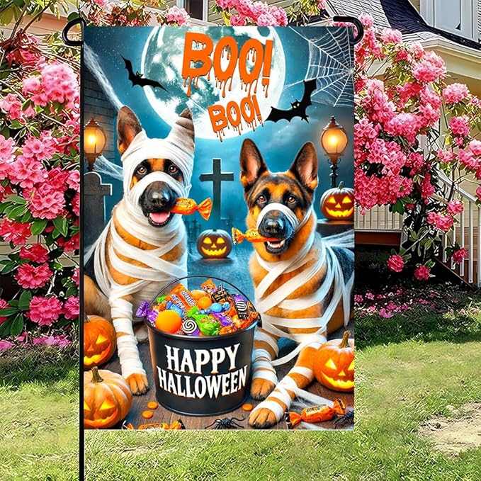 Halloween Garden Flag 11.81 x 17.72 Inch German Shepherd Dogs in Mummy Costume with Candy Pumpkins Bats and Full Moon Outdoor Yard Decoration for Holiday Party