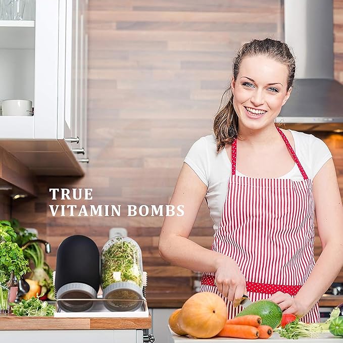 Organic Seed Sprouting Jar Kit – 2 × 32 oz Wide-Mouth Mason Jars with Stainless-Steel Sprouter Lids & Stand, Blackout Sleeves, Drain Tray – Grow Broccoli, Alfalfa & Bean Microgreens