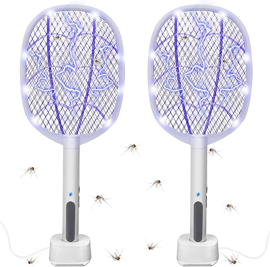 Electric Fly Swatter Rackets, 2-in-1 Handhold Bug Zapper with 3000V High Voltage, Plug-in Mosquito Killer Insect Light Trap with 3 Layer Safety Mesh Portable for Indoor Outdoor Use (2)