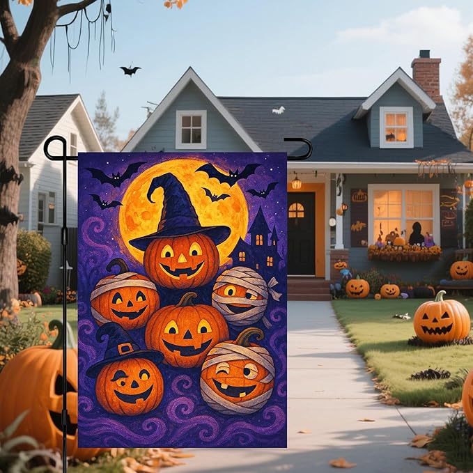 IVN Spooky Halloween Garden Flag 12x18 Inch Double Sided Witch Hat Pumpkin Jack O’ Lantern Trick or Treat Outdoor Fall Yard Flag for Outside Home Front Door Lawn Porch Patio Welcome Decor