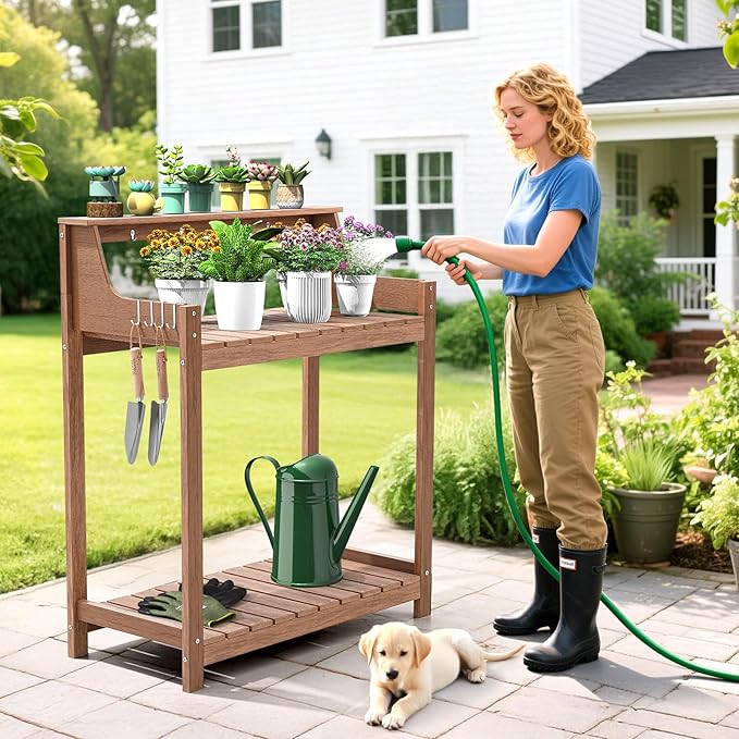 HDPS Potting Bench, All Weather Potting Table with 33.18" Highten Tabletop and 8 Hooks, Easy Assembly Garden Work Bench, Outdoor Potting Benches for Outside Patio Lawn, 360LBS Capacity, Teak
