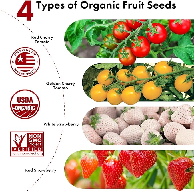 Strawberry Seed Pods for AeroGarden, Ahopegarden, iDOO Hydroponics Growing System, 350 Seeds+ Germination Including Red Cherry Tomato Golden Cherry Tomato, White Strawberry, Red Strawberry (7-Pods)