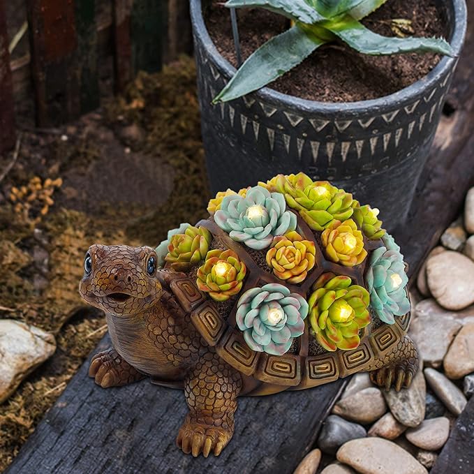 FORUP Turtle Garden Statue, Resin Turtle Figurine Garden Lawn Ornaments with Solar LED Lights for Outdoor Yard Garden Decorations