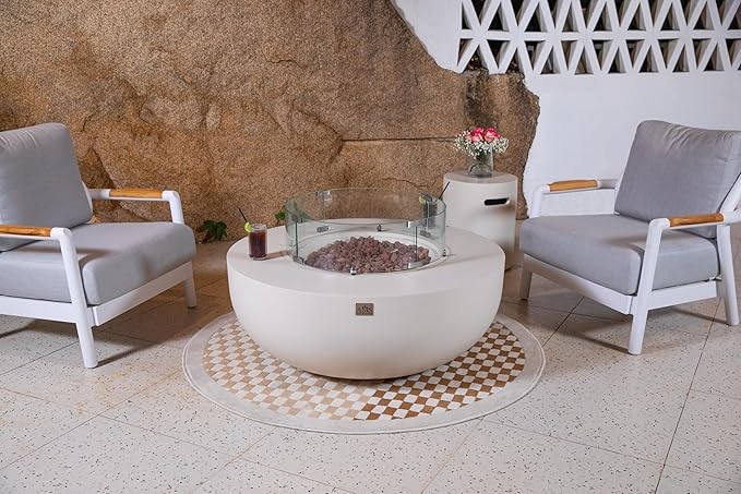 AMS Creations | Eclipse 44" Bundle Round Cast Concrete Natural Gas Fire Pit Bowl Table | Cream White | Smooth Texture Surface | Electronic Ignition | Outdoor Patio Heater Outside Backyard Fireplace