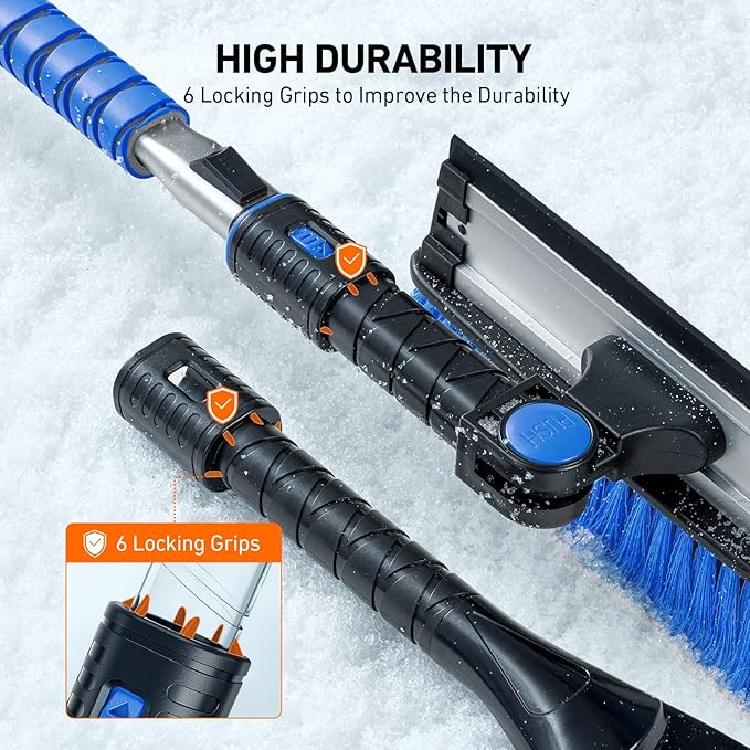 AstroAI 62.4" Ice Scrapers for Car Windshield, 3 in 1 Sturdy Snow Brush with Squeegee, 10 Adjustable Length Settings, Extendable Aluminum Handle, 180° Pivoting Snow Brush for Car, Truck, SUV(Blue)