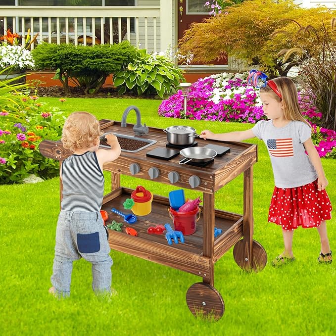 Honey Joy Mud Kitchen with Wheels - Fir Wood Outdoor Play Kitchen for Toddlers, Garden Sink, Stoves, Storage Shelf, Kids Outdoor Backyard Kitchen Playset