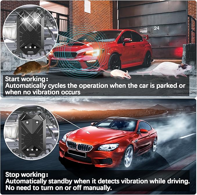 Tirgo 2PCS Car Rodent Repeller Under Hood, Ultrasonic Plug-in Mouse Repellent with Strobe Light, Battery Powered Keep Mice Out of Cars Engines, Indoor, Outdoor, Garage, Hoom (Eagle)