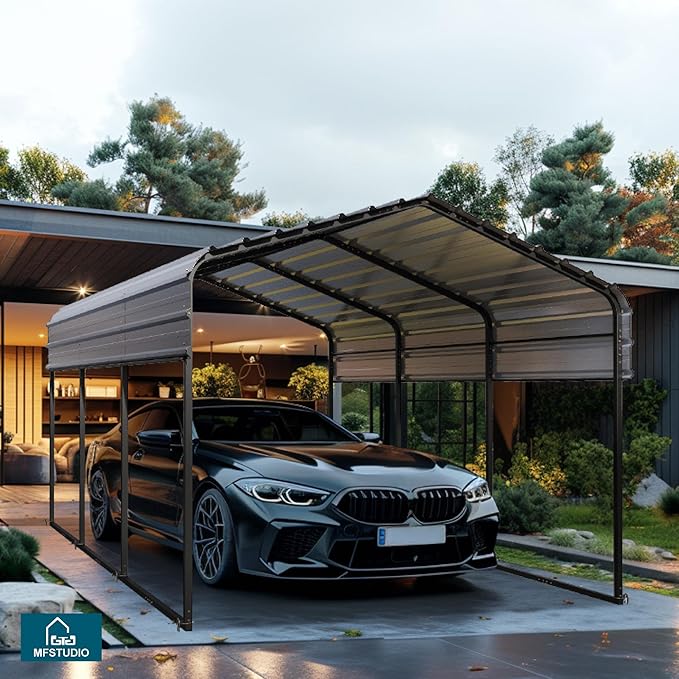 MFSTUDIO Carport 10x15 ft, Outdoor Heavy Duty Metal Shed Carports, Metal Garage Car Shelter Shade Car Port with Galvanized Roof, Frame and Bolts for Cars, Truck and Boats