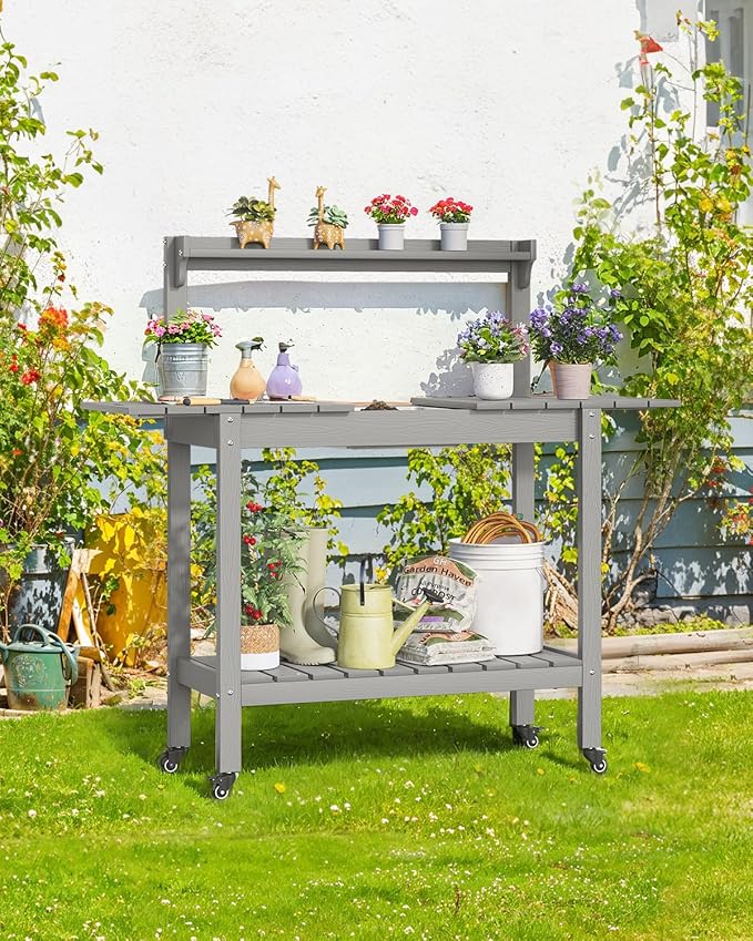HDPS Outdoor Potting Bench with Sliding Tabletop/ 4 Wheels/Removable Sink, All-Weather Outside Garden Work Table, No Rust/Fade/Break, Potting Station for Porch, Patio & Backyard (Grey)