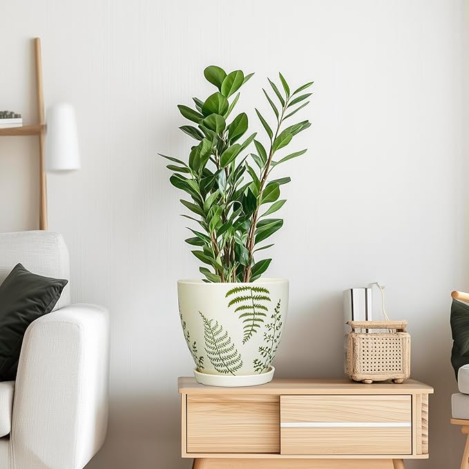 Ceramic Plant Pot 8.2 Inch - Ceramic Planter for Indoor Plants, Boho Round Decorative Outdoor Flower Pot with Drainage Hole and Saucer, Housewarming Gifts, Office Home Garden Decor, White