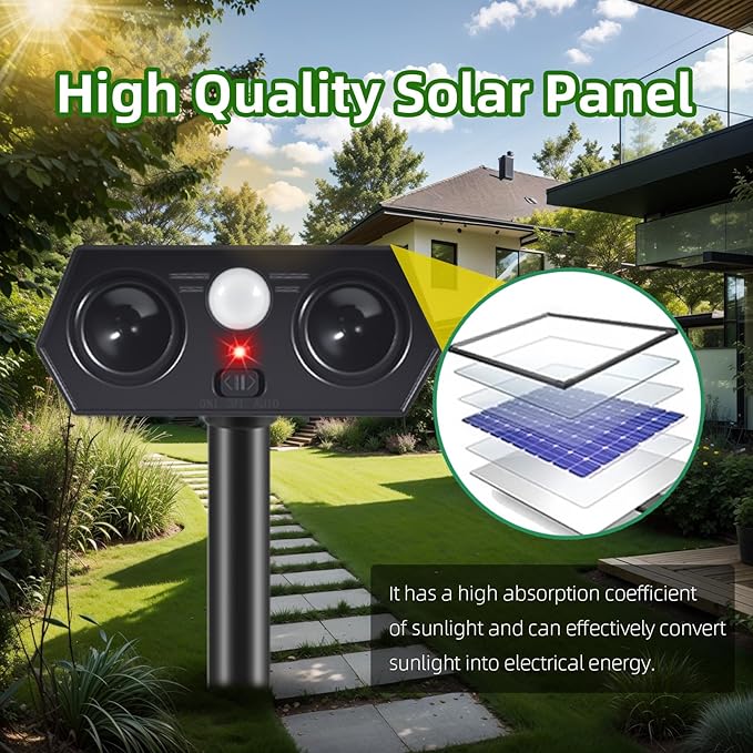 4Pack Solar Ultrasonic Animal Repellent Outdoor Solar Deer Deterrent Devices with PIR Motion Sensor, Ultrasonic Cat Repellent to Scare Squirre Dog Rabbit Raccoon Skunk Armadillos for Yard Lawn