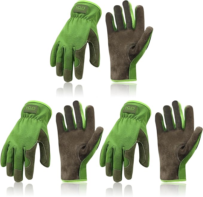 HANDLANDY Men Leather Gardening Gloves, Utility Work Gloves for Mechanics, Construction, Driver