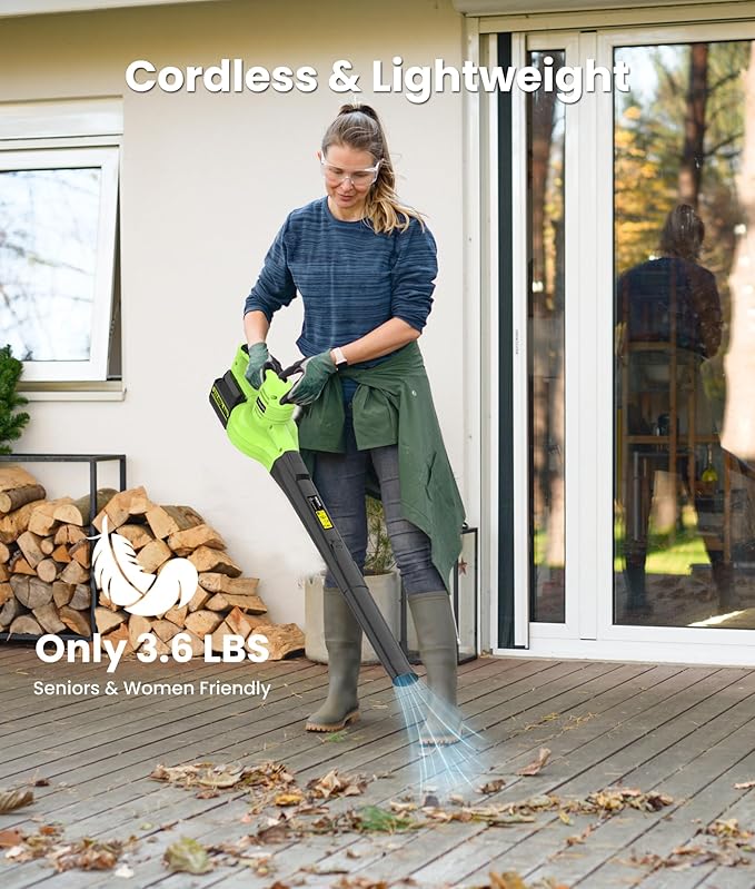 21V Lightweight Leaf Blower Cordless with Battery and Charger 2 x 4.0Ah Powerful 2-Speed Electric Blowers for Lawn Care, Blowing Leaves, Patio, House, Depot (Green)