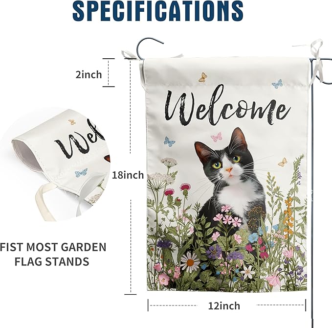 Spring Cat Garden Flag Floral Tuxedo Cat Garden Flags for Outside Summer Flower Outdoor Flag Small Farmhouse Welcome Yard Flag 12x18 Double Sided