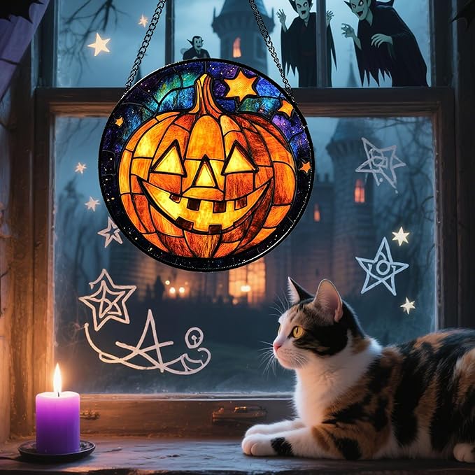 Stained Glass Window Hanging Halloween Horror Golden Pumpkin 15" - Suncatcher Door Garden Sunroom Gothic Style Sun Catcher Birthday for Friend Mom Men Woman Nana